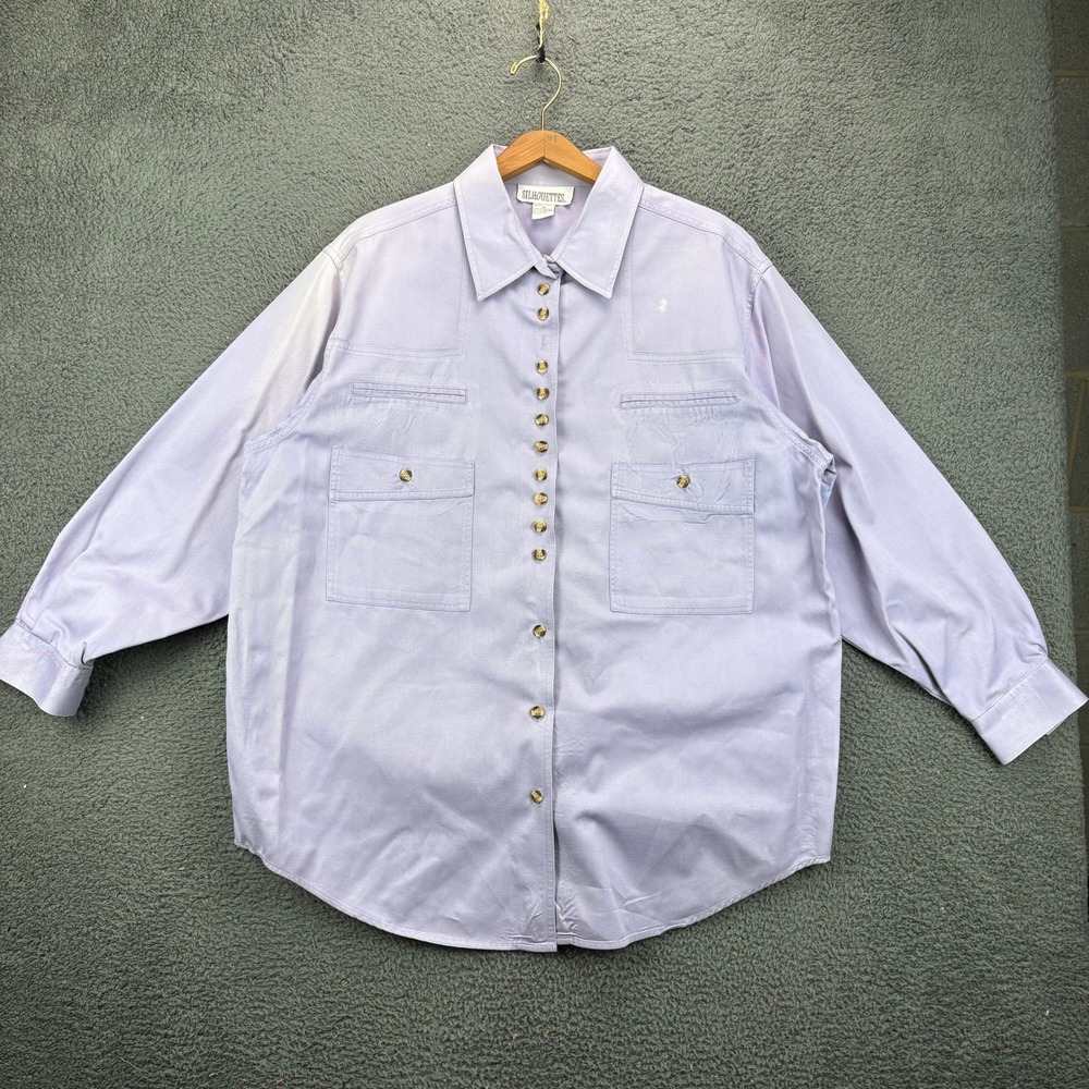 Silhouettes Womens 1X Lavender Cotton Twill Utility Button Down Shirt Purple 90s